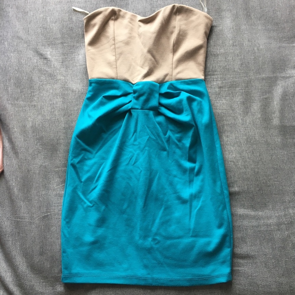 🍉 Bandeau Strapless Bodycon Mini Dress Teal Tan